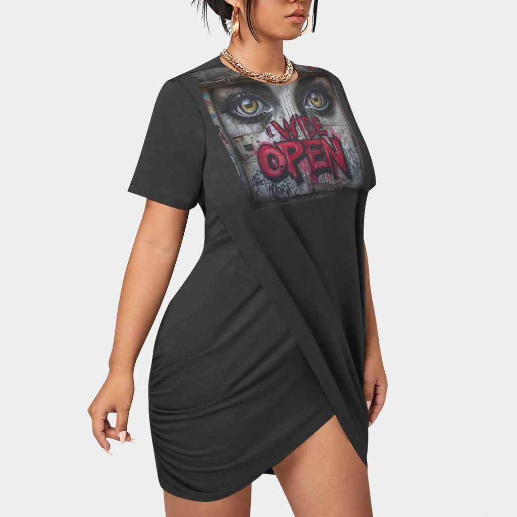 Growth In Pain Women's Stacked Hem Dress with Short Sleeve - Plus Size Fashion "Eyes Wide Open"