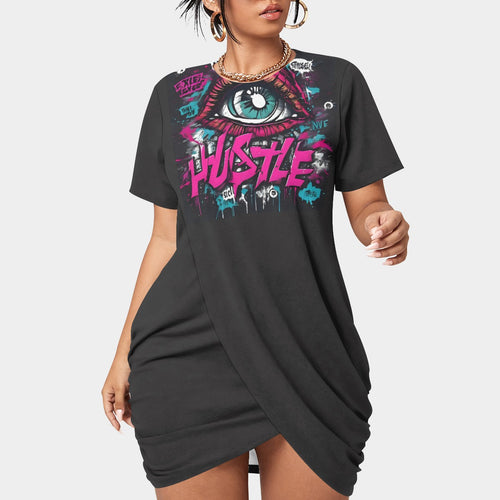All-Over Print Women’s Stacked Hem Dress With Short Sleeve（Plus Size）